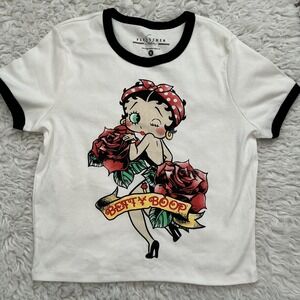 Betty Boop Fleischer Studios Graphic‎ Ringer T-Shirt White Black XL Rose Tattoo